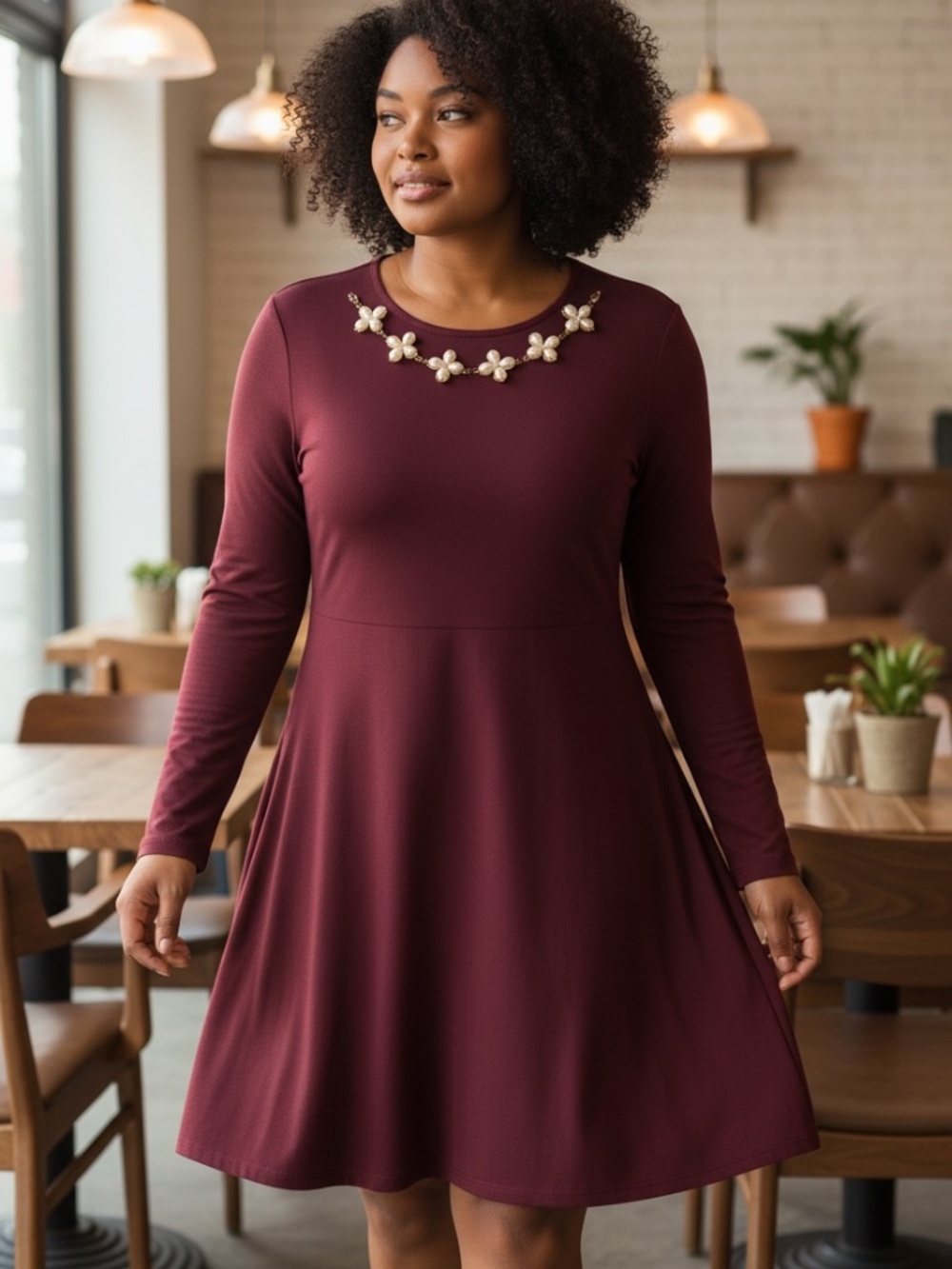 ⭐️ Inc. Burgundy Skater Dress w Necklace - size 14